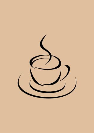 stilized coffee cup with hot coffee, black on beige backgroundのイラスト素材
