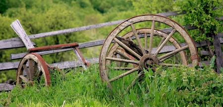 an old wood cart abandoned on the outskirts of the villageの写真素材
