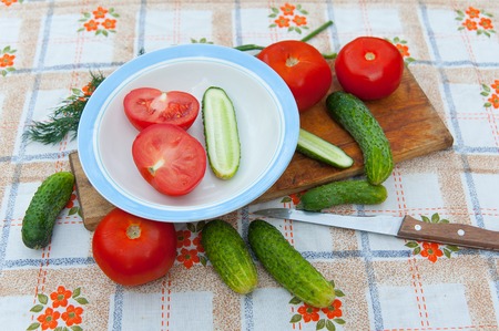 tomatoes,cucumbers and dill lying on the tableclothの写真素材