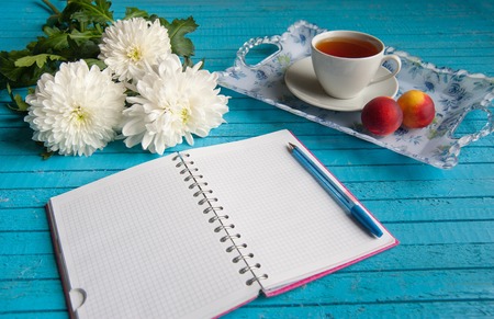 businessmans breakfast on a blue tableの写真素材