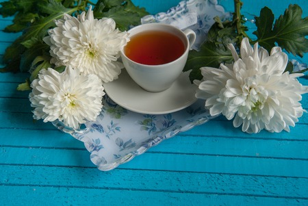 businessmans breakfast on a blue tableの写真素材