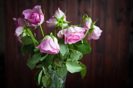 bouquet of flowers roses stand in a vase on the tableの写真素材