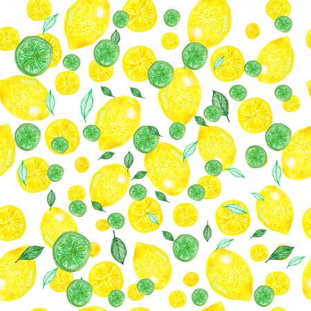 Watercolor seamless pattern on white background. Lemons, cloves, lime.の写真素材