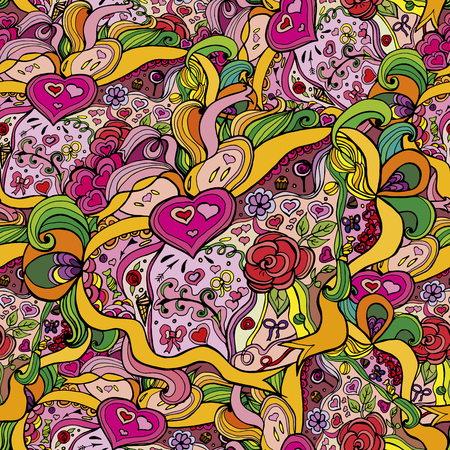 Caricature seamless pattern â love. Sketchy background with different objects, objects, tape, Valentine.のイラスト素材