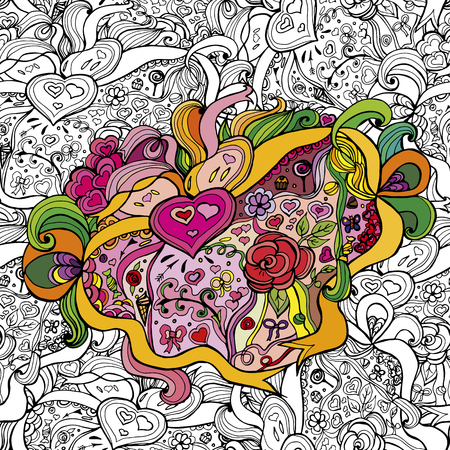 Caricature seamless pattern â love. Sketchy background with different objects, objects, tape, Valentine.のイラスト素材