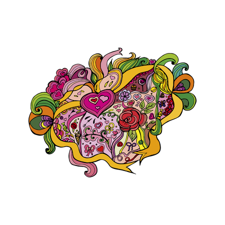 Caricature drawing â love, Valentines. Conceptual element with a different object, objects, ribbon, Valentine.のイラスト素材