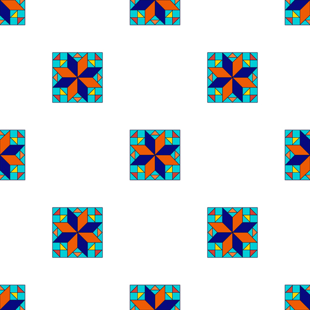 Ethnic pattern of blue, turquoise, blue rectangles, squares, triangles on white backgroundのイラスト素材