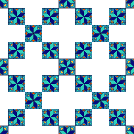 Ethnic pattern of blue, turquoise, blue rectangles, squares, triangles on white backgroundのイラスト素材