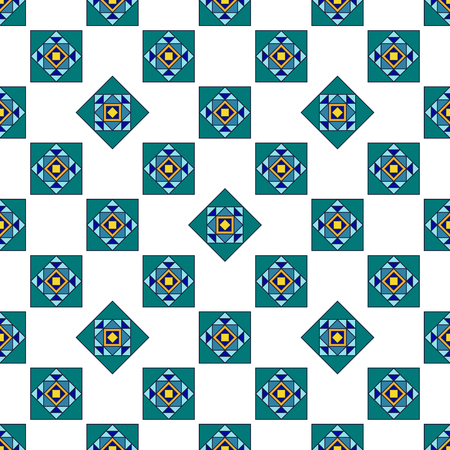 Ethnic pattern of blue, turquoise, blue rectangles, squares, triangles on white backgroundのイラスト素材