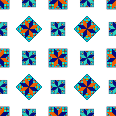 Ethnic pattern of blue, turquoise, blue rectangles, squares, triangles on white backgroundのイラスト素材