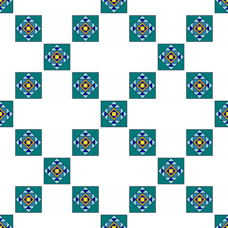 Ethnic pattern of blue, turquoise, blue rectangles, squares, triangles on white backgroundのイラスト素材