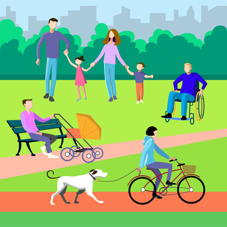 Colorful park scene with family illustration.のイラスト素材
