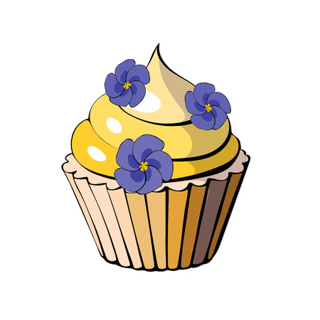 Capcake baking cream candied violets sweetness dessert. Hand drawn food icons isolated on white background. Colorful elements for the menu collection of cafes and restaurants. merry holidayのイラスト素材