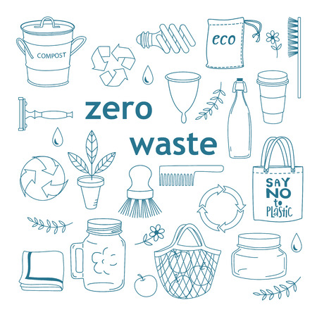 Zero waste concept. Monochrome line art collection of eco and waste elements.のイラスト素材