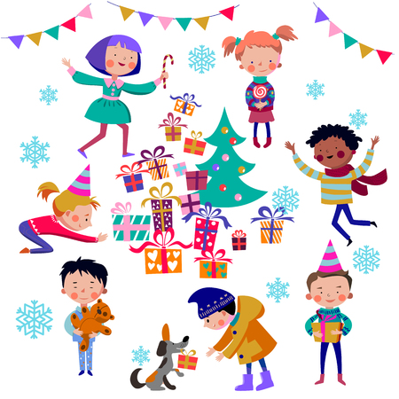 Happy children around the Christmas tree and gift boxes. Happy kids cartoon collection. Multicultural children in different positions isolated on white background.のイラスト素材