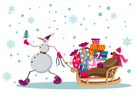 Cheerful snowman carries a big brown bear on a sleigh and presents. Bear in a hat and scarf. Horizontal color illustration on white background for different purposes.の写真素材