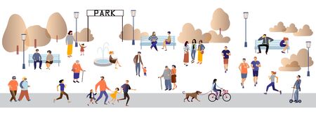 Parents and children, people with disabilities, elderly and young people spend time outdoors: jogging, walking , chatting, riding bicycles, walking with dogs Flat cartoon vector illustration.のイラスト素材