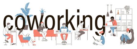 Coworking people colored isolated icons set with creative freelancers meeting together in coworking center. Large inscription Coworking. Hand drawn vector illustration horizontal bannerのイラスト素材