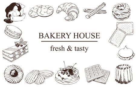 Hand drawn sketch with french dessertのイラスト素材