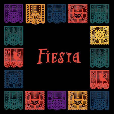 Party decoration with handmade cut flags. Vector illustration background. Dia de Los Muertos, Day of the Dead or Halloween greeting card, invitation.のイラスト素材