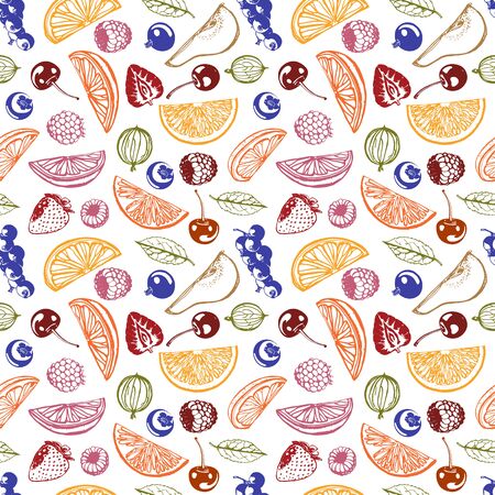 Vector berries and fruits seamless background. Abstract currants, raspberries, citruses, cherries, gooseberries symbols. Linear contour color imagesfruit patternのイラスト素材