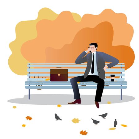 . A man in a suit sits on a bench next to his briefcase, speaks on the phone, drinks coffee. Vector illustration in flat design of autumn season background with people outdoorのイラスト素材