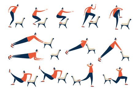 Athlete doing bench exercises for strength workout at city parkCrossfit and fitness.Healthy lifestyle, outdoor physical activity and fitness.のイラスト素材