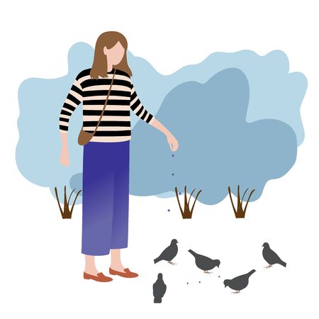 a woman in a striped sweater feeding birds in the Park. the concept of style flat. color vector illustrationのイラスト素材