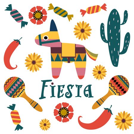 Set of icons on the theme of Mexican holidays. Traditional symbols: pinata, cactus, pepper, maracas, candy, flowers. color vector illustration. For use in printing stickers, banners, postcards, invitations and moreのイラスト素材