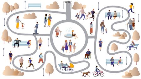 Women, men, parents and children, people with disabilities, elderly and young people spend time outdoors: jogging, walking , chatting, riding bicycles, walking with dogs . People in the park flat cartoon vector illustration.のイラスト素材