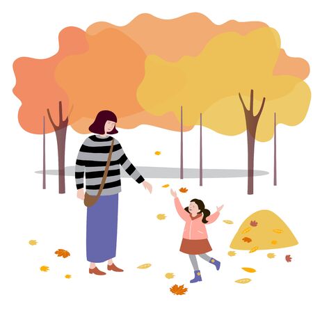 Woman walks with her daughter in the park, throws up autumn leaves. Vector illustration in flat design of autumn season background with people outdoorのイラスト素材