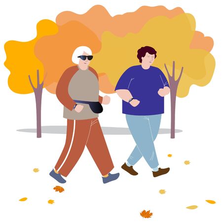 Two adult elderly friends are running in the autumn Park.Vector illustration in flat design of autumn season background with people outdoorのイラスト素材