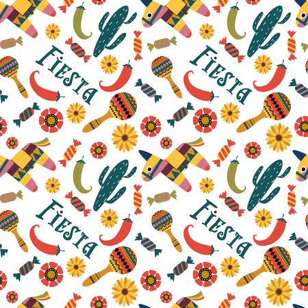 Seamless pattern: pinata, cactus, maracas, flowers, candy on white background. Symbols of the Mexican holiday. Color vector illustration.のイラスト素材