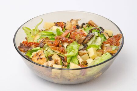 Chicken salad in transparent dishの写真素材