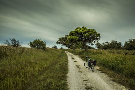 Bicycle on gravel road going trough the beautiful landscapeの写真素材
