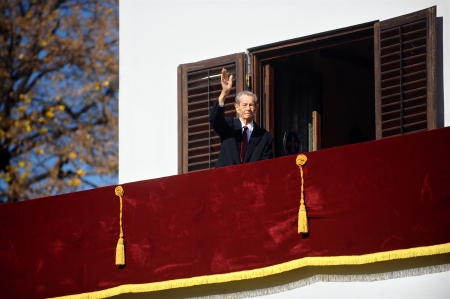 BUCHAREST/ROMANIA - NOVEMBER 8: Romania's former King Michael I waves from the balcony of the Elisabeta Palace, on November 8, 2013 in Bucharest. On October 25, King Michael I turned 92.のeditorial素材