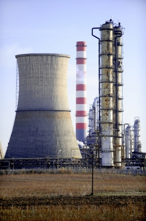 Industrial view with a petrochemical plant and its cooling towersのeditorial素材