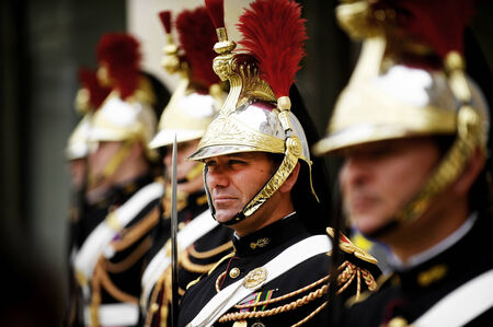 PARIS - AUGUST 30: Members of the Republican Guard during a welcome ceremony at Elysee Palace on...