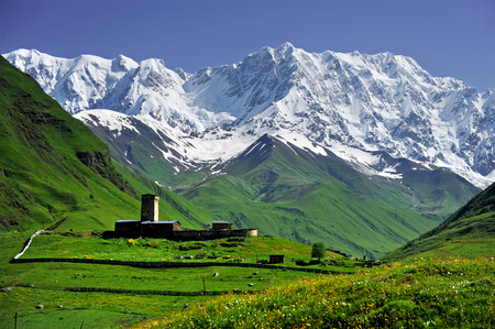 Summer landscape with Caucasus Shkhara mountain seen from Ushguli village in the upper Svaneti region, Georgiaのeditorial素材