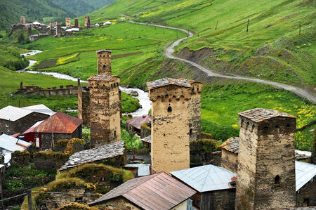 Ancient svan towers in Ushguli village in the upper Svaneti region in Georgiaの写真素材