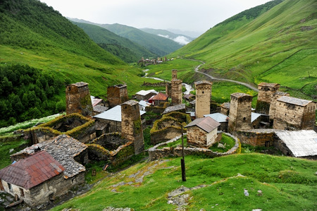Ancient svan towers in Ushguli village in the upper Svaneti region in Georgiaのeditorial素材
