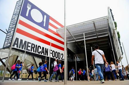 MILAN, ITALY - MAY 13, 2015: People visiting America pavilion at Expo Milano 2015 universal...