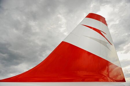 TIRANA, ALBANIA - SEPTEMBER 24: Austrian Airlines logo on the rear part of fuselage of an airplane...