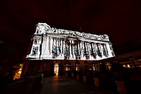 BUCHAREST, ROMANIA - MAY 6: 3D projection mapping are seen on buildings during the Spotlight International Light Festival on May 6, 2016 in Bucharest.のeditorial素材
