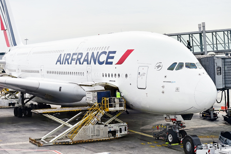 PARIS, FRANCE - JUNE 11: Huge A380 Airbus airplane is seen on Charles de Gaulle International Airport on June 11, 2016 in Paris. Air France announced a pilot strike between 11 and 14 of June.のeditorial素材