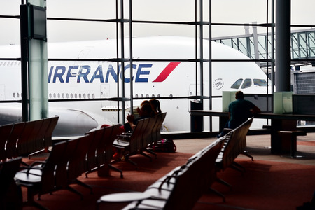 PARIS, FRANCE - JUNE 11: Huge A380 Airbus airplane is seen on Charles de Gaulle International Airport on June 11, 2016 in Paris. Air France announced a pilot strike between 11 and 14 of June.のeditorial素材