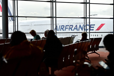 PARIS, FRANCE - JUNE 11: Huge A380 Airbus airplane is seen on Charles de Gaulle International Airport on June 11, 2016 in Paris. Air France announced a pilot strike between 11 and 14 of June.のeditorial素材