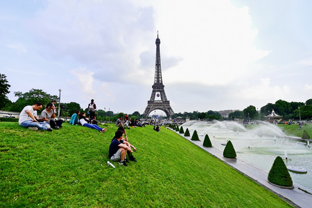 PARIS, FRANCE - JUNE 8: Giant soccer ball suspended on the Eiffel Tower during the UEFA 2016...