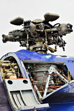 Detail with helicopter fuselage and rotor blade system on repair lineの写真素材