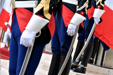 Detail with republican guards of honor during a welcome ceremony の写真素材